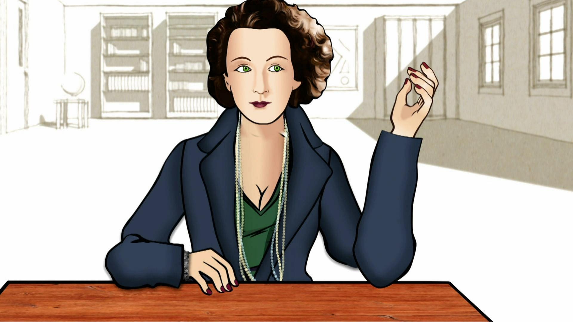 Zeichnung: Irmgard Keun sitzt an einem Schreibtisch.