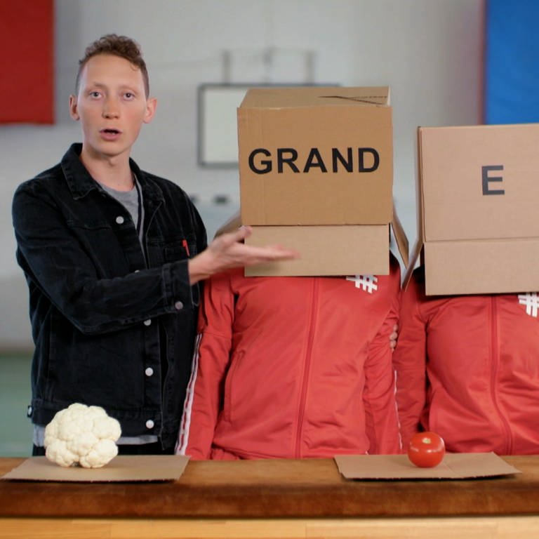 Ein junger Mann steht in einer Turnhalle, neben ihm zwei Personen mit Kartons auf dem Kopf. Auf einem Karton steht "Grand", auf dem anderen "e".