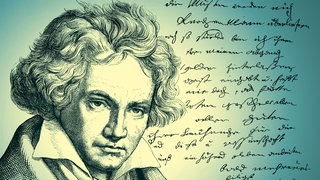 Zeichnung von Beethoven neben einem handschriftlichen Brief von ihm