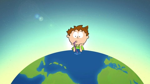 Der kleine Philosoph Knietzsche sitzt an einer Weltkugel und trinkt aus einem Stohhalm das Meer aus.