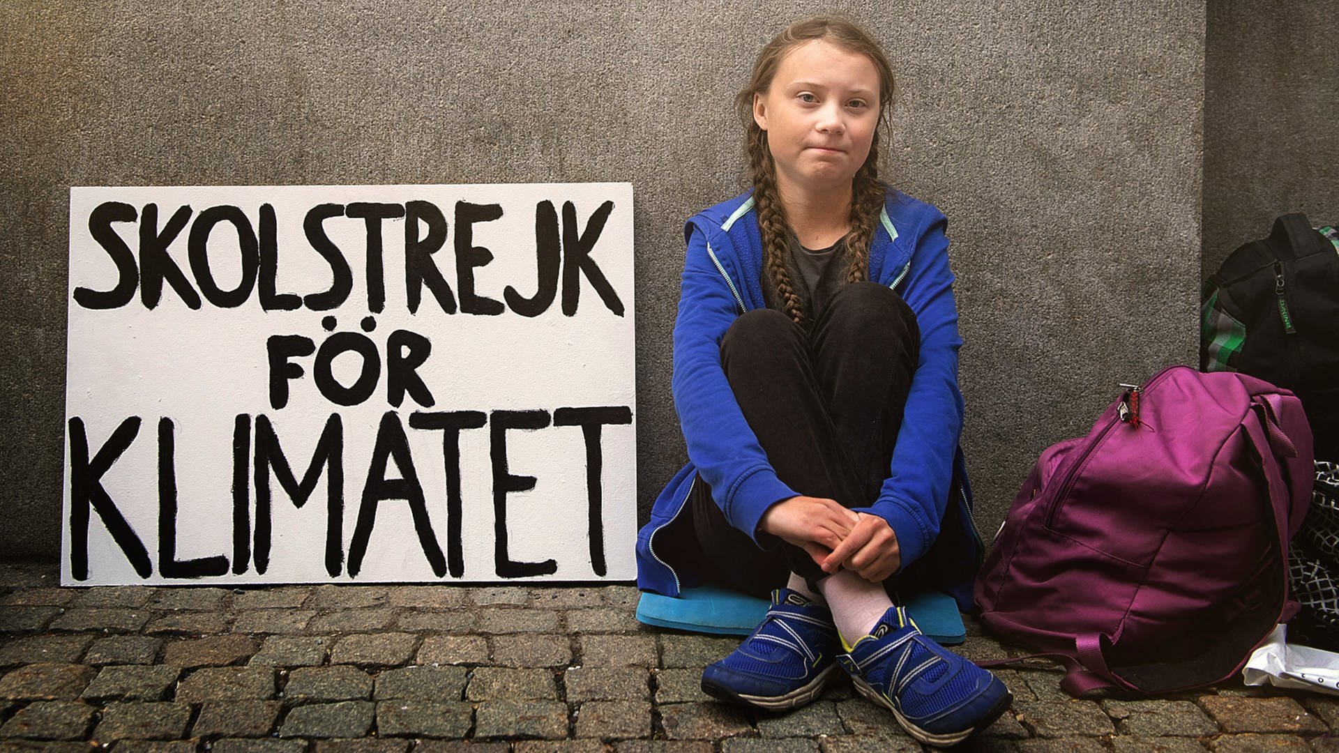 Greta Thunberg sitzt mit Demo-Schild beim Schulstreik fürs Klima vor dem schwedischen Parlament