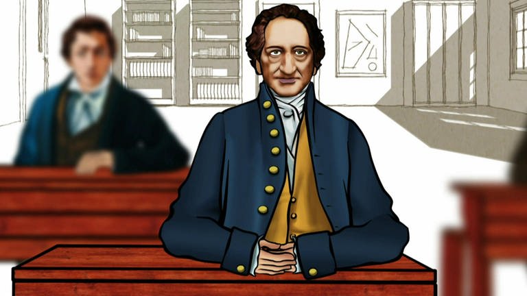 Zeichnung: Goethe sitzt mit verschränkten Händen an einem Tisch, hinter ihm erkennt man verschwommen eine weitere Person.