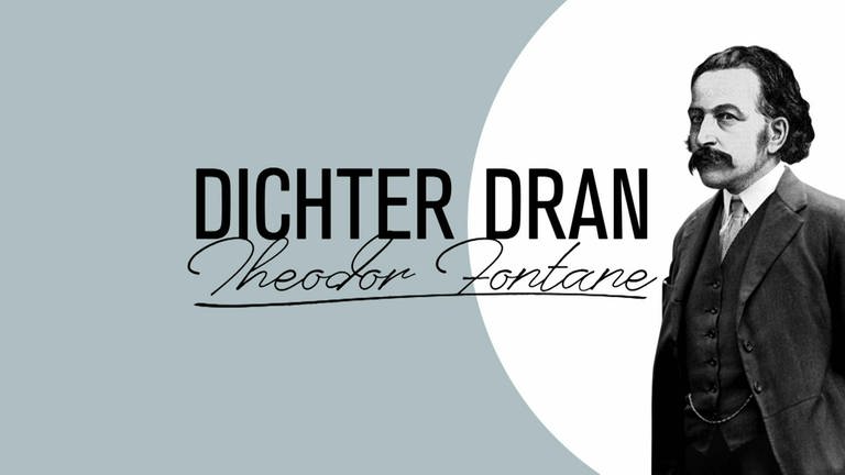 Schwarz weiß Zeichnung von Theodor Fontane, daneben der Schriftzug "DICHTER DRAN - Theodor Fontane".