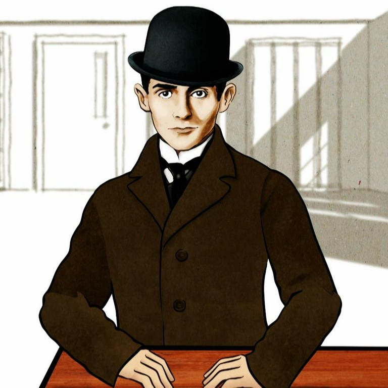 Zeichnung: Kafka steht in Wrack und mit Hut an einem Tisch, hinter ihm Bücherregale und ein Schrank.