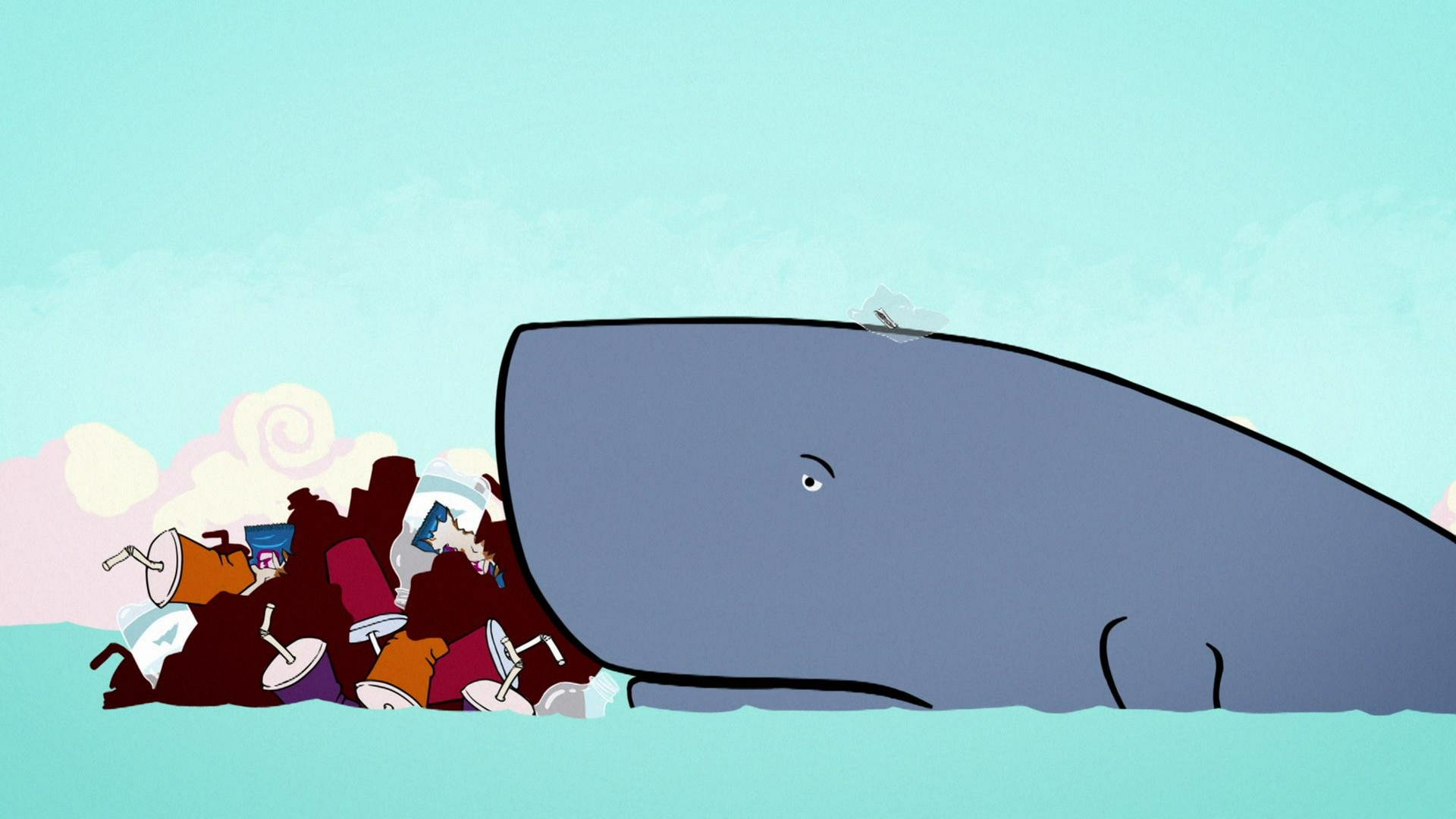 Die Zeichnung von einem Wal, der traurig durch ein Meer voll Müll treibt.