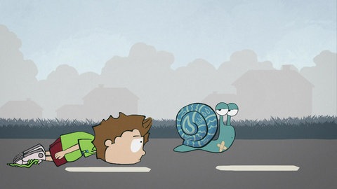 Der kleine Philosoph Knietzsche liegt traurig auf der Straße, vor ihm kriecht eine blaue Schnecke.