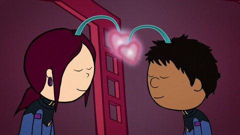 Zeichnung: Ein Junge und ein Mädchen stehen mit geschlossenen Augen voreinander, aus ihren Köpfen fliegen Herzen, die sich verbinden.