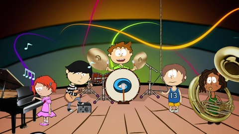 Der kleine Philosoph Knietzsche sitzt am Schlagzeug und spielt mit vielen Freunden in einer Band.