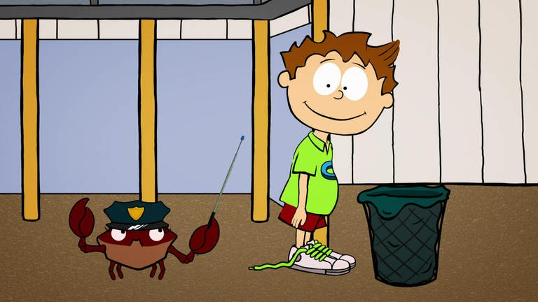 Der kleine Philosoph Knietzsche steht grinsend neben einem Mülleimer. Neben ihm schimpft ein Krebs mit Polizeimütze auf dem Kopf.