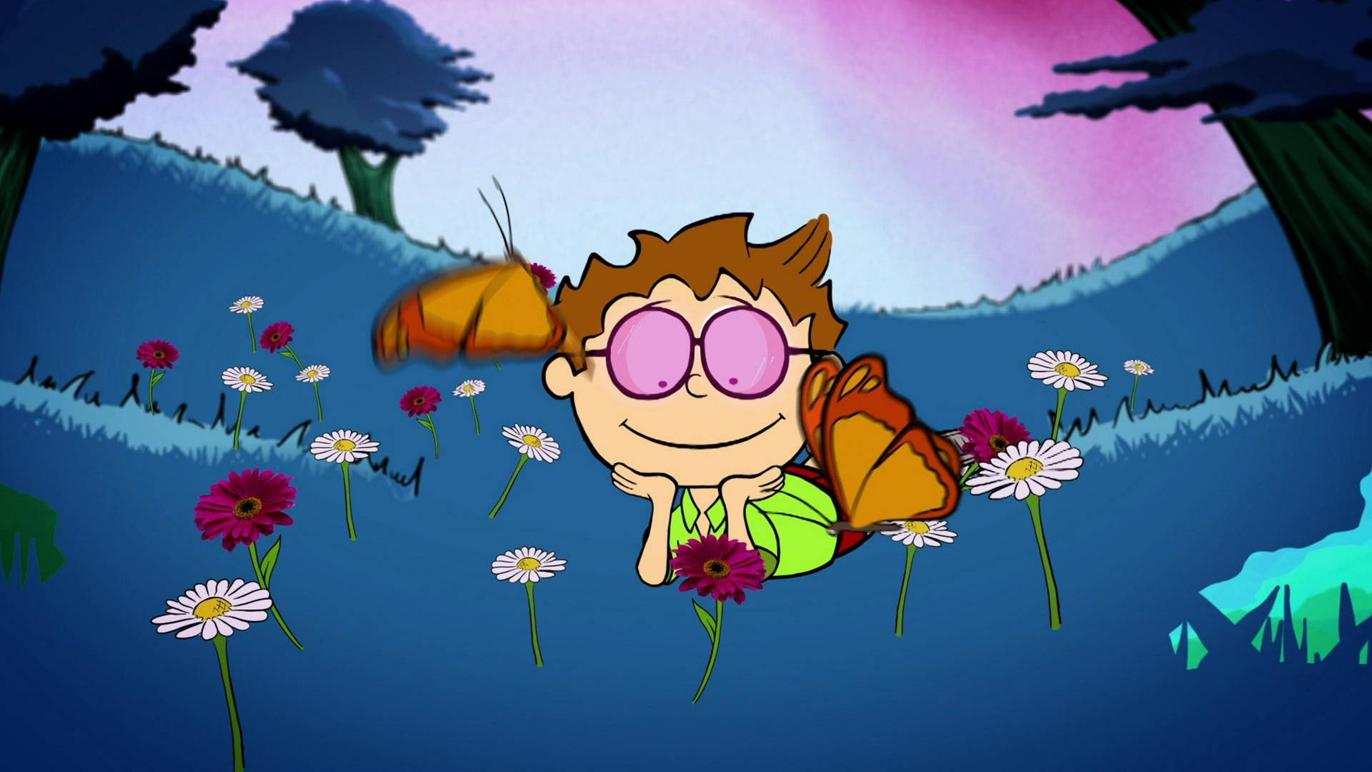Der kleine Philosoph Knietzsche trägt eine rosa Brille und liegt auf einer blauen Wiese mit bunten Blumen und Schmetterlingen.
