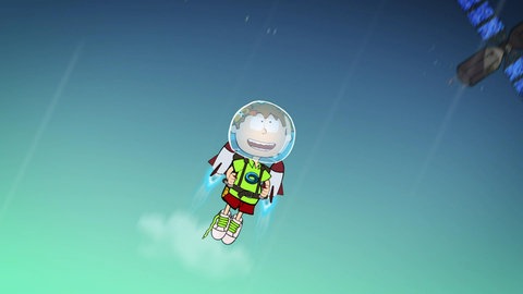 Der kleine Philosoph Knietzsche fliegt mit einer Rakete auf dem Rücken lachend ins Weltall.