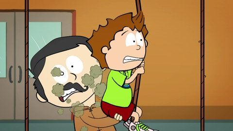 Der kleine Philosoph Knietzsche hängt an einem Seil. Ein Mann mit Schnurrbart hebt ihn hoch, Knietzsche pupst ihm ins Gesicht.