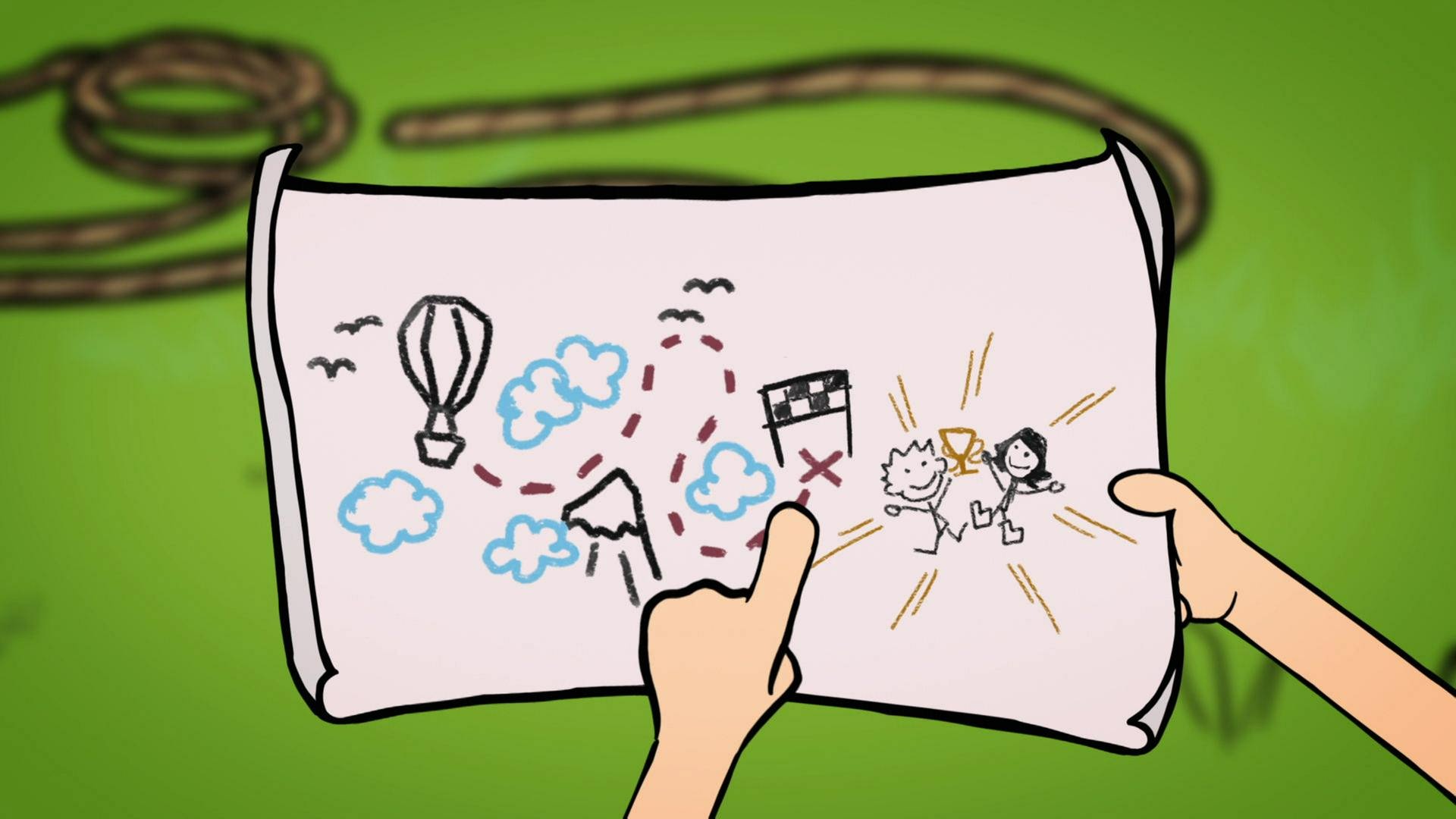 Der kleine Philosoph Knietzsche zeigt auf eine Landkarte. Ein Weg zu seinen Freunden ist eingezeichnet.