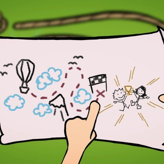 Der kleine Philosoph Knietzsche zeigt auf eine Landkarte. Ein Weg zu seinen Freunden ist eingezeichnet.