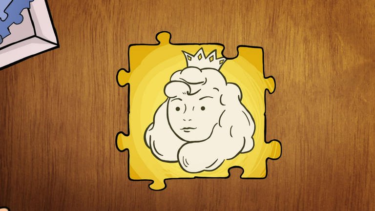 Ein gelbes Puzzleteil mit einer Prinzessin drauf.