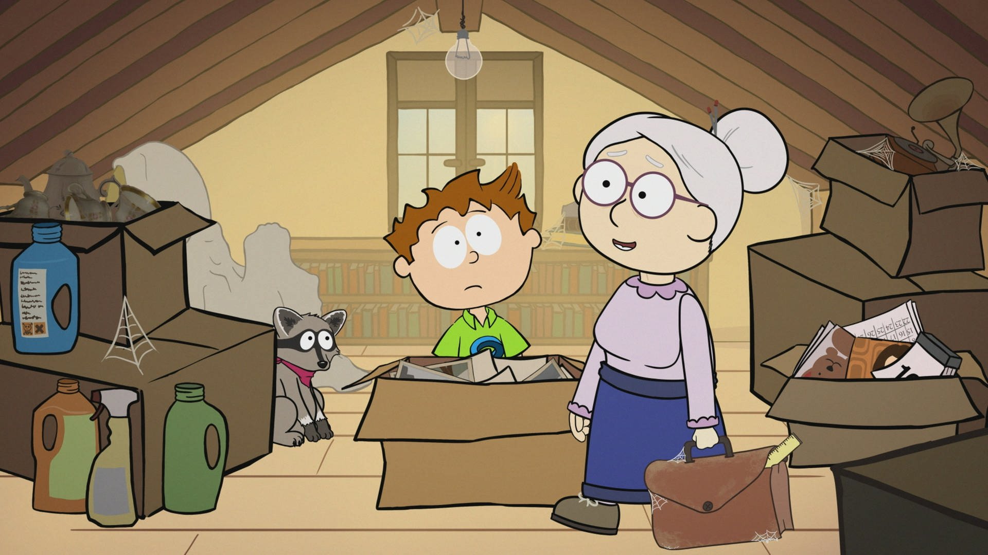 Der kleine Philosoph Knietzsche räumt mit seiner Oma den Dachboden auf.
