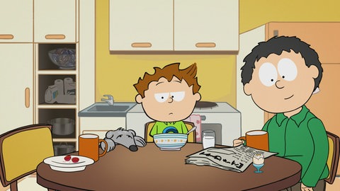 Der kleine Philosoph Knietzsche sitzt deprimiert mit seinem Vater am Frühstückstisch.