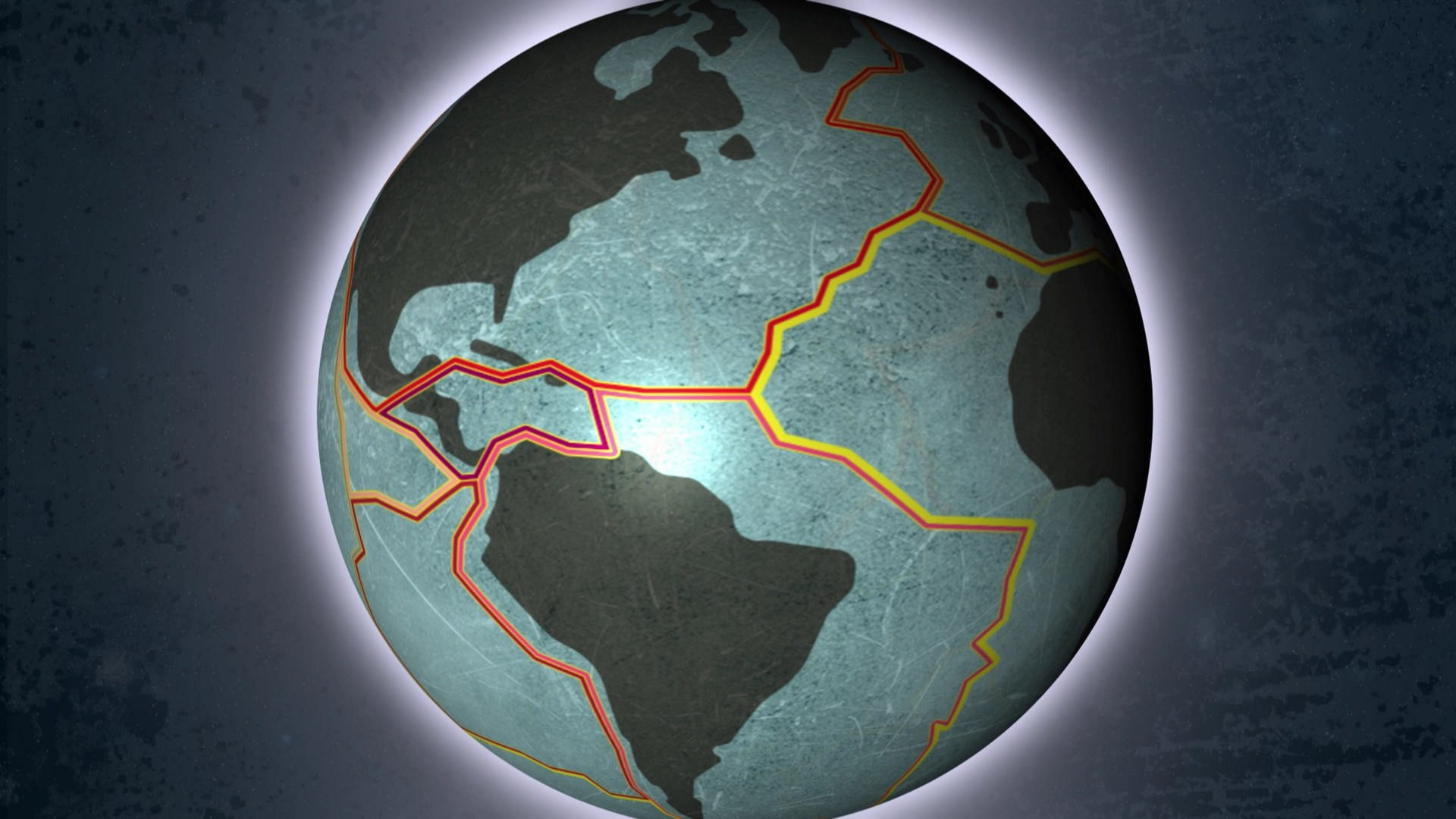 Eine Animation eines gräulichen Globus' zeigt die Grenzen der  tektonischen Platten.