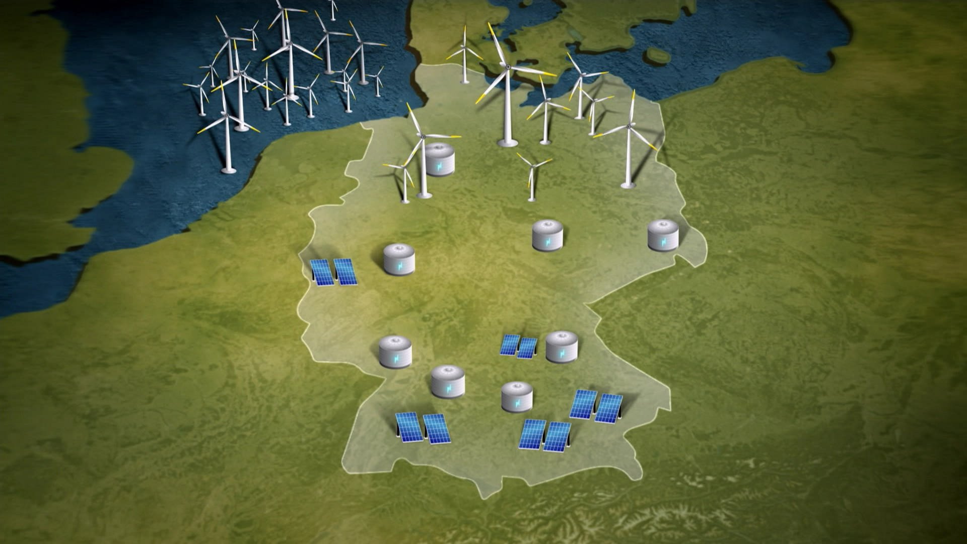 Eine Deutschlandkarte, die die Orte von Windrädern, Solaranlagen und Speicherzellen zeigt.