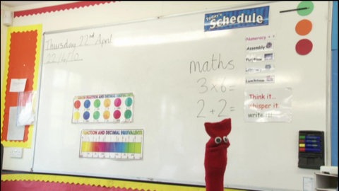 Eine Schultafel im Englischunterricht, davor eine rote Strumpfhandpuppe.