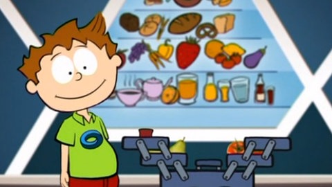 Der kleine Philosoph Knietzsche neben steht neben einer Ernährungspyramide.