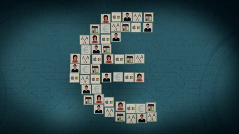 Ein Euro-Zeichen, zusammengesetzt aus kleinen Icons mit Computergrafiken von Häusern und Personen.