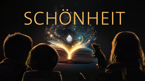 Drei Kinder und eine Ratte sitzen vor einem leuchtenden Buch – darüber das Wort „Schönheit“