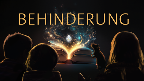 Drei Kinder und eine Ratte sitzen vor einem leuchtenden Buch – darüber das Wort „Behinderung“