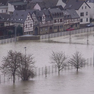 Das Wasser des Rheins reicht bis an die Fachwerkhäuser an der Uferpromenade