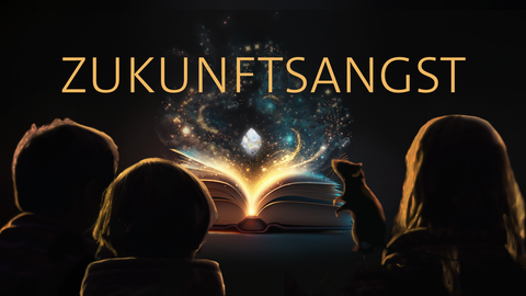 Drei Kinder und eine Ratte sitzen vor einem leuchtenden Buch – darüber das Wort „Zukunftsangst“: In dieser Folge des Podcast geht es um den Klimawandel