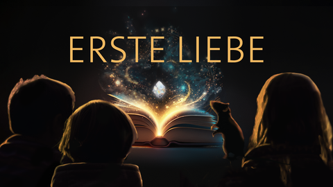 Drei Kinder und eine Ratte sitzen vor einem leuchtenden Buch – darüber das Wort „Erste Liebe“: Der Podcast gibt Tipps für Verliebte