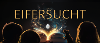 Drei Kinder und eine Ratte sitzen vor einem leuchtenden Buch – darüber das Wort „Eifersucht“: Ein Podcast zu Eifersucht unter Freunden und was Vertrauen bewirkt.