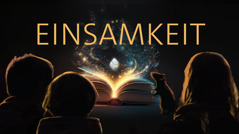 Drei Kinder und eine Ratte sitzen vor einem leuchtenden Buch – darüber das Wort „Einsamkeit“: Der Podcast zeigt, wie Freunde gegen Einsamkeit helfen.
