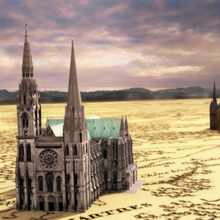 3D Modelle von bekannten Kathedralen stehen auf einer Landkarte