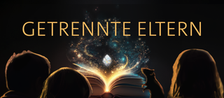 Drei Kinder und eine Ratte sitzen vor einem leuchtenden Buch – darüber das Wort „Getrennte Eltern“: Der Podcast gibt Hilfe und erzählt Geschichten von Kindern, die Mut machen.