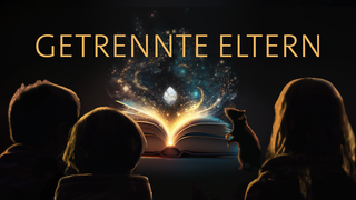 Drei Kinder und eine Ratte sitzen vor einem leuchtenden Buch – darüber das Wort „Getrennte Eltern“: Der Podcast gibt Hilfe und erzählt Geschichten von Kindern, die Mut machen.