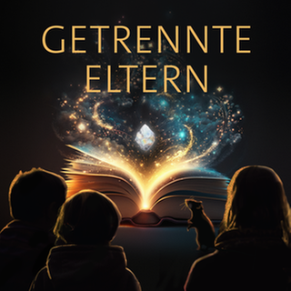 Drei Kinder und eine Ratte sitzen vor einem leuchtenden Buch – darüber das Wort „Getrennte Eltern“: Der Podcast gibt Hilfe und erzählt Geschichten von Kindern, die Mut machen.