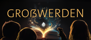 Drei Kinder und eine Ratte sitzen vor einem leuchtenden Buch – darüber das Wort „Großwerden“. Der Podcast zeigt, was Kinder allein können, wie sie selbständig werden und wo sie Hilfe brauchen.