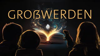 Drei Kinder und eine Ratte sitzen vor einem leuchtenden Buch – darüber das Wort „Großwerden“. Der Podcast zeigt, was Kinder allein können, wie sie selbständig werden und wo sie Hilfe brauchen.