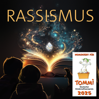 Drei Kinder und eine Ratte sitzen vor einem leuchtenden Buch – darüber das Wort „Rassismus“