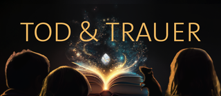 Drei Kinder und eine Ratte sitzen vor einem leuchtenden Buch – darüber das Wort „Trauer & Tod“. Der Podcast hilft Kindern, über den Tod zu sprechen und Erinnerungen zu bewahren.