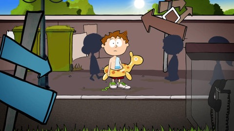 Der kleine Philosoph Knietzsche steht in Badekleidung verloren auf der Straße, um ihn herum viele Schilder, die in verschiedene Richtungen zeigen.