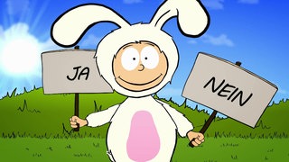 Der kleine Philosoph Knietzsche trägt ein weißes Hasenkostüm und hält ein "Ja" und ein "Nein" Schild in die Höhe.