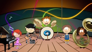 Der kleine Philosoph Knietzsche sitzt am Schlagzeug und spielt mit vielen Freunden in einer Band.