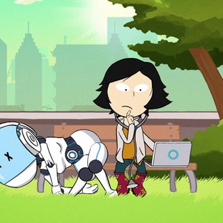 Ein Roboter klappt auf einer Wiese zusammen, neben ihm steht eine Ärztin mit Stethoskop.