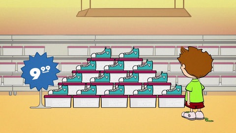 Der kleine Philosoph Knietzsche steht vor einem Ladenregal voller Schuhe im Angebot.