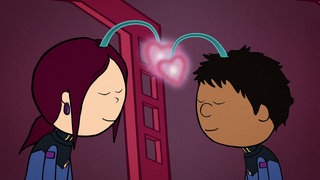 Zeichnung: Ein Junge und ein Mädchen stehen mit geschlossenen Augen voreinander, aus ihren Köpfen fliegen Herzen, die sich verbinden.