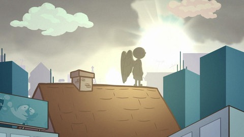 Zeichnung: auf einem Dach steht ein von der Sonne angestrahlter Schutzengel.