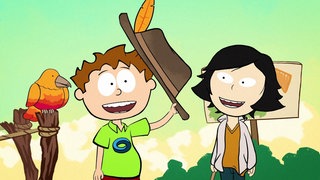 Der kleine Philosoph Knietzsche hebt den Hut zum Gruß, als er einer Frau beim Spazieren entgegen kommt. Neben ihm sitzt ein Vogel.