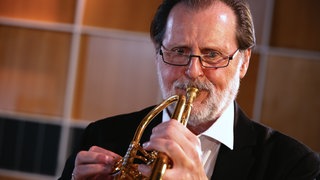 Ein Mann spielt Trompete. Er gehört mit seinem Instrument zur Gruppe der Blechbläser.